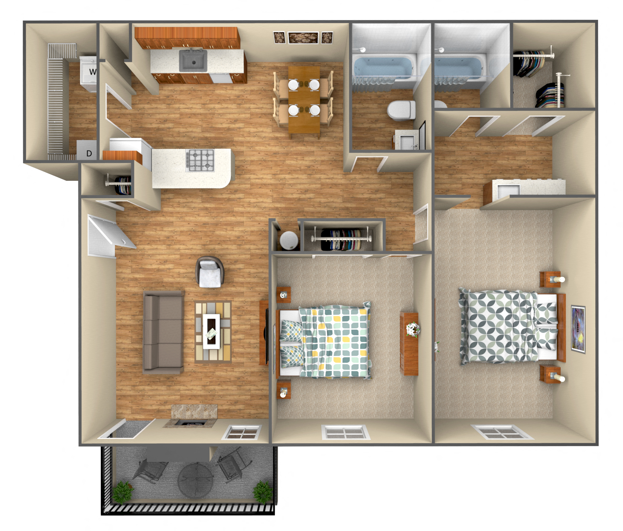 Floor plan for 2 beds, 2 baths, 954 sqft
